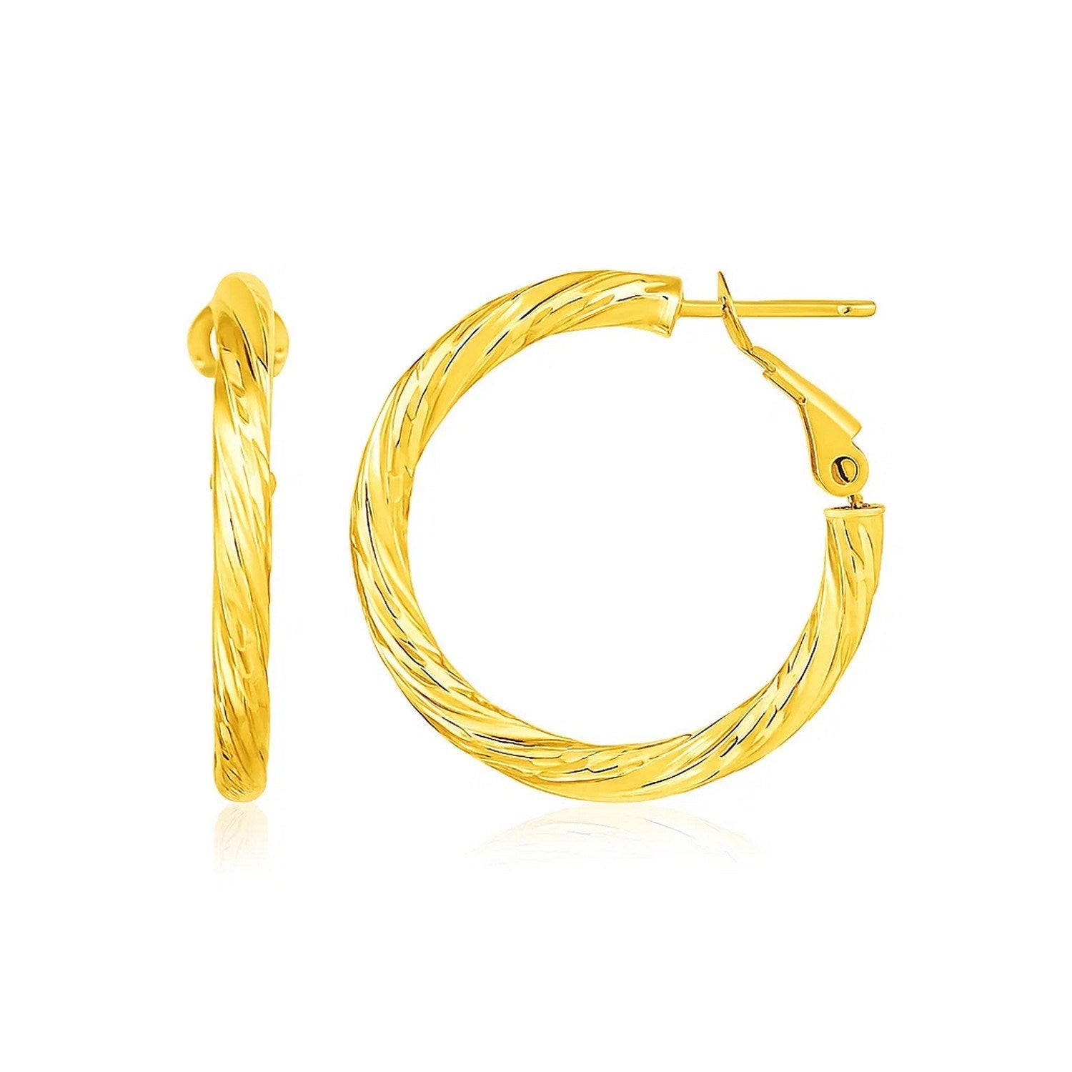 14k Yellow Gold Petite Twisted Round Hoop Earrings(3x20mm) in a sleek high-contrast midnight luxury editorial style